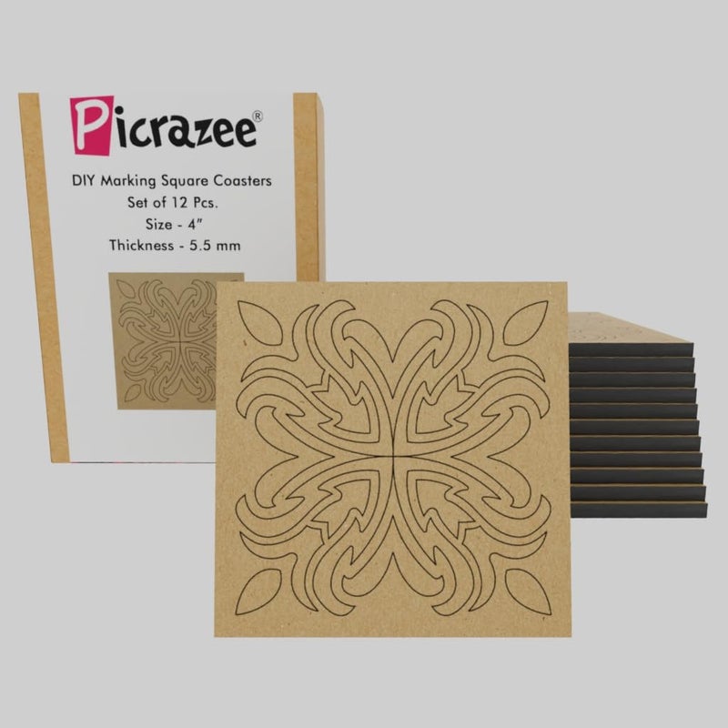 PICRAZEE DIY Engineered Pine MDF Pre-Marked 12 Square Plates Size 4x4 inch Diameter and 5.5 mm Thickness– Ideal for Art and Craft, Resin Art, Decoupage, and DIY Projects - Image 1