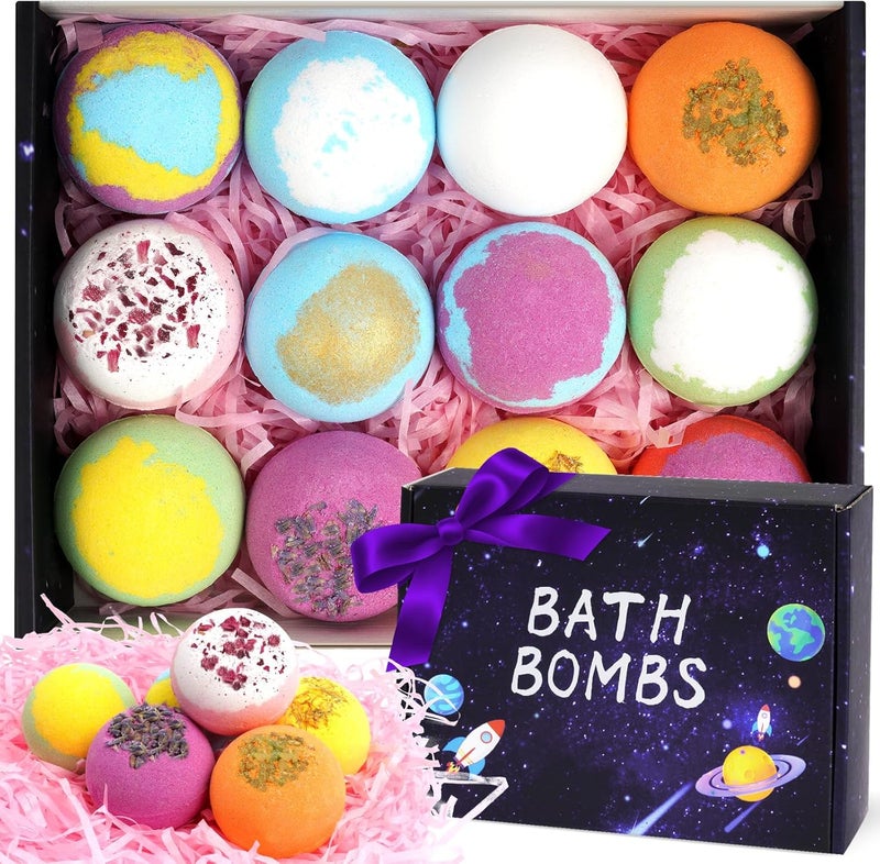 LOPHE Bath Bomb Gift Set 12 Pcs Natural Handmade Bubble Bath Bombs Organic Bubble Bath Bombs Kit with Essential Oil Spa Bomb Bath Fizzer Gift for Christmas Valentines Anniversary Planet Themed