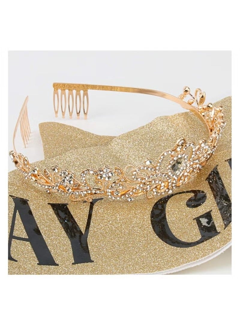 Birthday Crowns for Women, Didder Gold Crystal Tiara & Birthday Girl Sash Kit,Tiaras and Crowns for Women Girls Elegant Princess Crown with Combs Girls Tiara Birthday Sash For Women Gift Bridal Party - Image 5