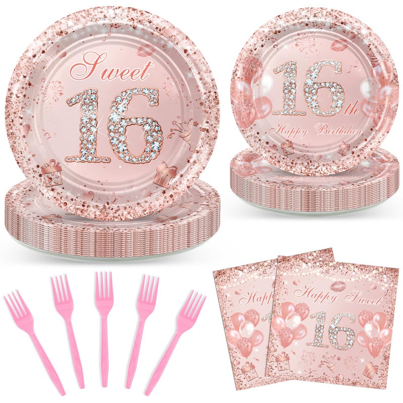 Avezano 96 Pcs Rose Gold Sweet 16 Birthday Party Paper Plates and Napkins Girls Sweet 16 Decorations Sweet Sixteen Birthday Party Disposable Paper Tableware Serve 24 - Image 1