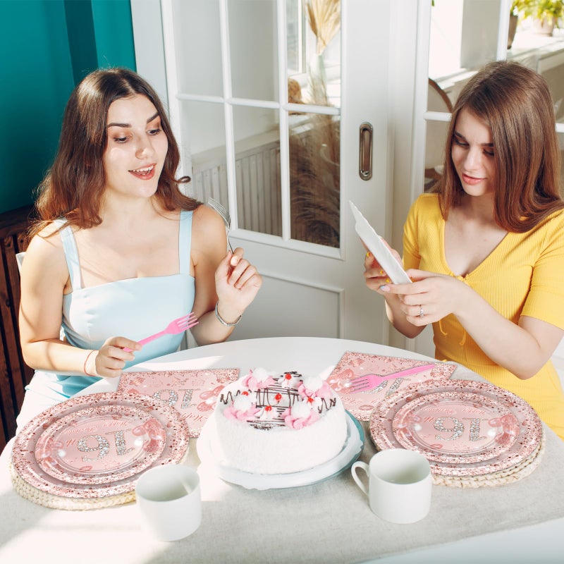 Avezano 96 Pcs Rose Gold Sweet 16 Birthday Party Paper Plates and Napkins Girls Sweet 16 Decorations Sweet Sixteen Birthday Party Disposable Paper Tableware Serve 24 - Image 4