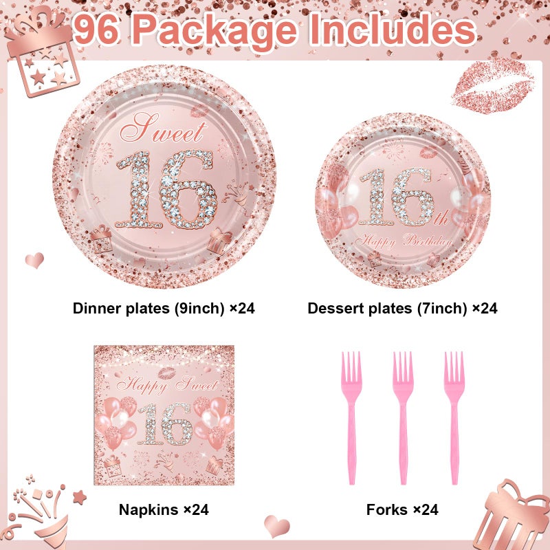 Avezano 96 Pcs Rose Gold Sweet 16 Birthday Party Paper Plates and Napkins Girls Sweet 16 Decorations Sweet Sixteen Birthday Party Disposable Paper Tableware Serve 24 - Image 2