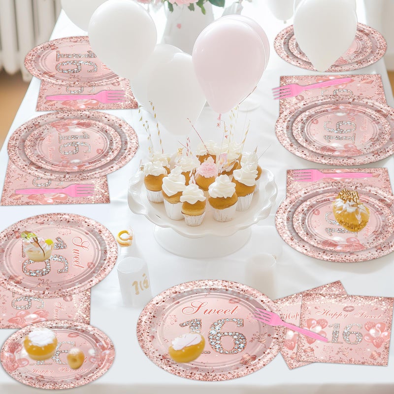 Avezano 96 Pcs Rose Gold Sweet 16 Birthday Party Paper Plates and Napkins Girls Sweet 16 Decorations Sweet Sixteen Birthday Party Disposable Paper Tableware Serve 24 - Image 5