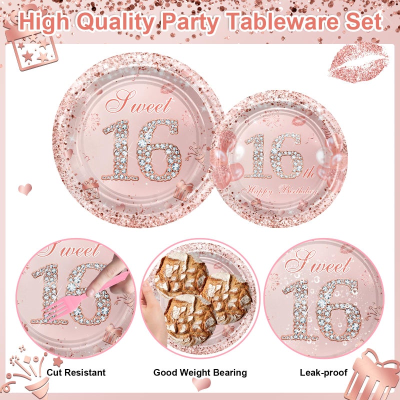 Avezano 96 Pcs Rose Gold Sweet 16 Birthday Party Paper Plates and Napkins Girls Sweet 16 Decorations Sweet Sixteen Birthday Party Disposable Paper Tableware Serve 24 - Image 3