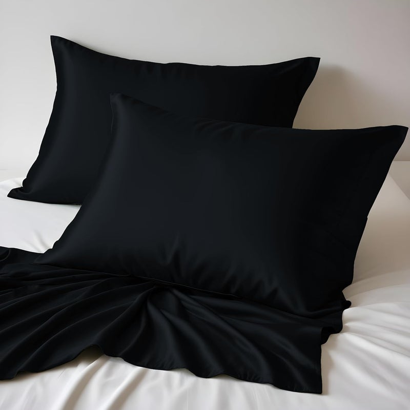LINENWALAS 100% Bamboo Pillow Cases Pack of 2 50x75 cm, Soft Cooling Silk Pillowcases for Hair and Skin, Anti Allergy Hypoallergenic Envelope Closure Pillow Case (50x75 cm, Jet Black) - Image 1