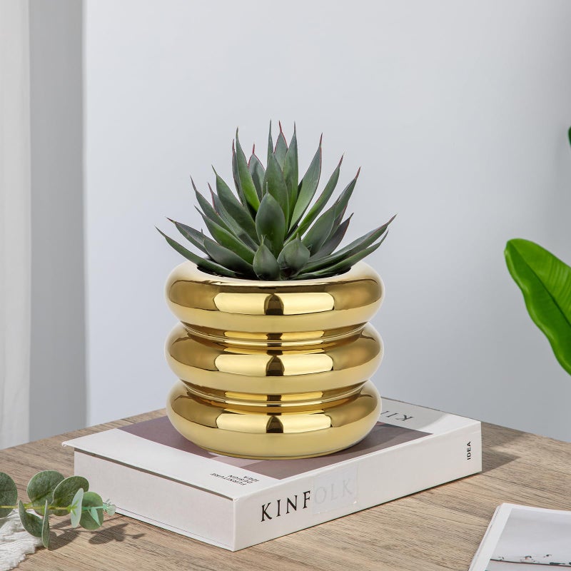 Briful Gold Ceramic Planter Pot with Drainage Hole 6in Polished Tiered Bubble Flower Planter Garden Pot for Indoor Plants Modern Home Office Decor - Image 5
