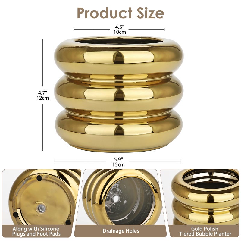 Briful Gold Ceramic Planter Pot with Drainage Hole 6in Polished Tiered Bubble Flower Planter Garden Pot for Indoor Plants Modern Home Office Decor - Image 2