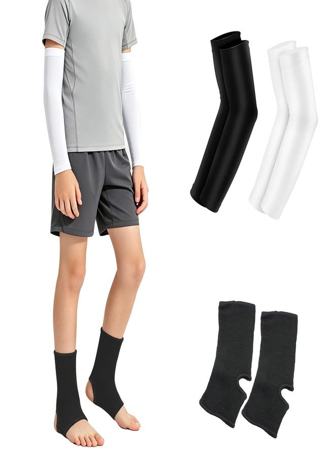 Luwint Kids Sports Arm Sleeves & Ankle Brace Set, 2 Pairs UPF 50+ Sun Protection Sleeves with 1 Pair Compression Support, for Outdoor Activities Boys Girls 6-12 Years - Image 1