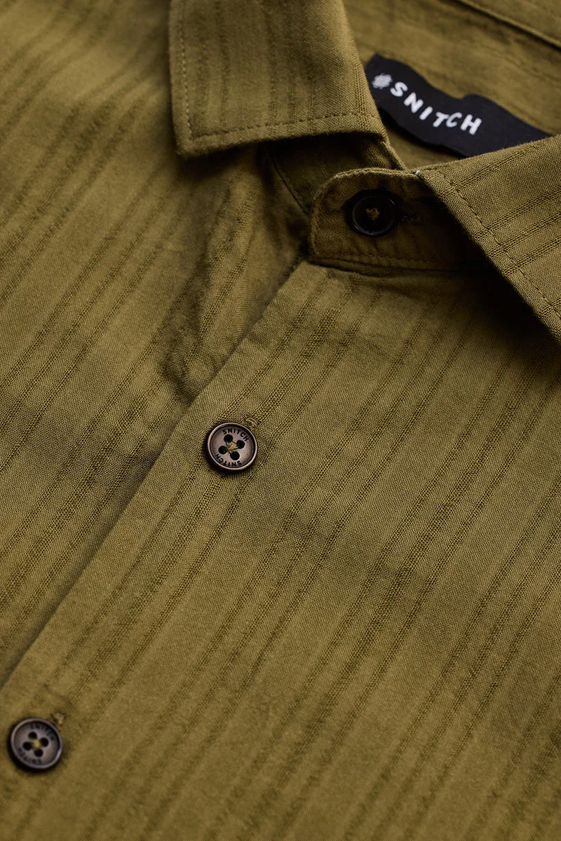 سنيتش Olive Striped Long Sleeve Slim Fit Casual Shirt