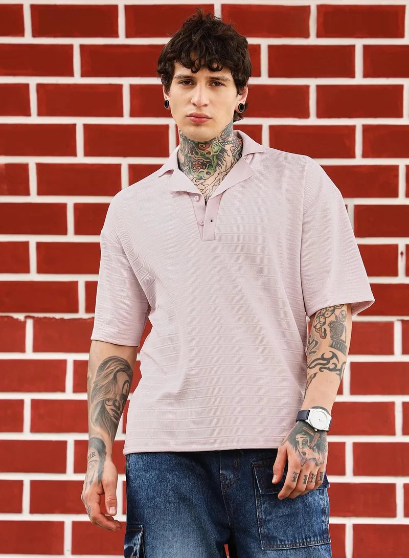 Campus Sutra Campus Sutra Men's Light Rose Coil-Tactile Cuban Polo T-Shirt | Cuban Collar , Short Regular Sleeves , Button Closure , Straight Hem | Solid Jacquard | Cotton-Blend T-shirt For Casual Wear