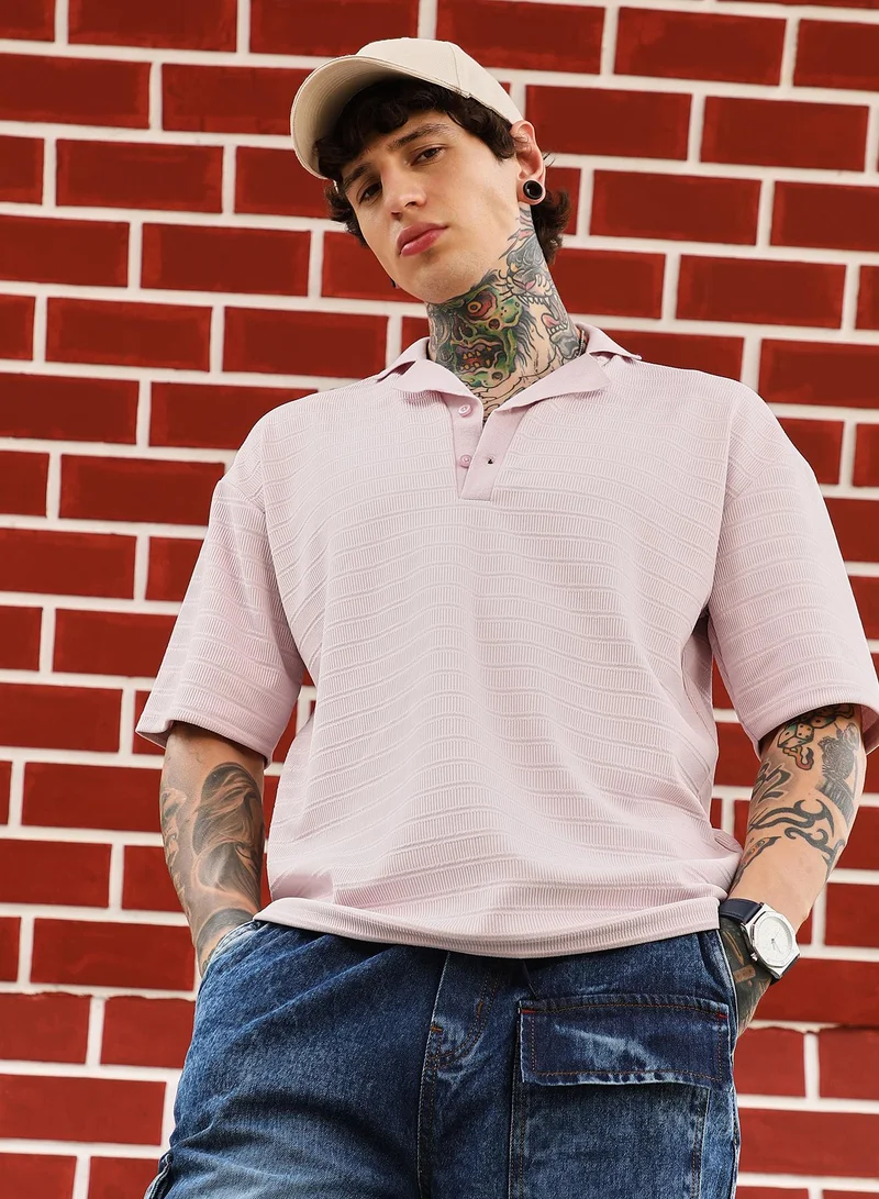 Campus Sutra Campus Sutra Men's Light Rose Coil-Tactile Cuban Polo T-Shirt | Cuban Collar , Short Regular Sleeves , Button Closure , Straight Hem | Solid Jacquard | Cotton-Blend T-shirt For Casual Wear