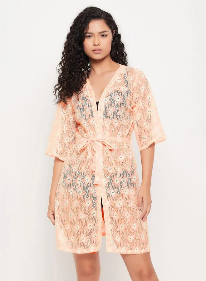 Clovia Lace Sheer Robe with Tie Belt by Styli