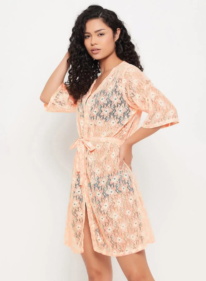 Clovia Lace Sheer Robe with Tie Belt by Styli