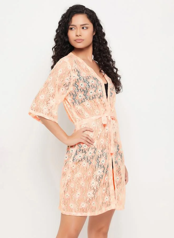 Clovia Lace Sheer Robe with Tie Belt by Styli