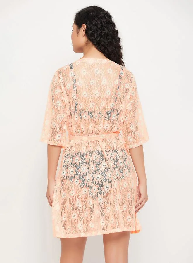 Clovia Lace Sheer Robe with Tie Belt by Styli