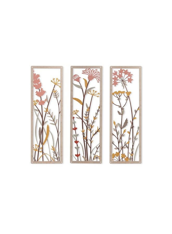 pechpell 3 Piece Metal Flower Wall Art, 15.7×5.2 Inch Pink Wrought Iron Floral Sculptures Decor, Minimalist Kitchen Bathroom Bedroom Office Farmhouse Decorations for Home - Image 1