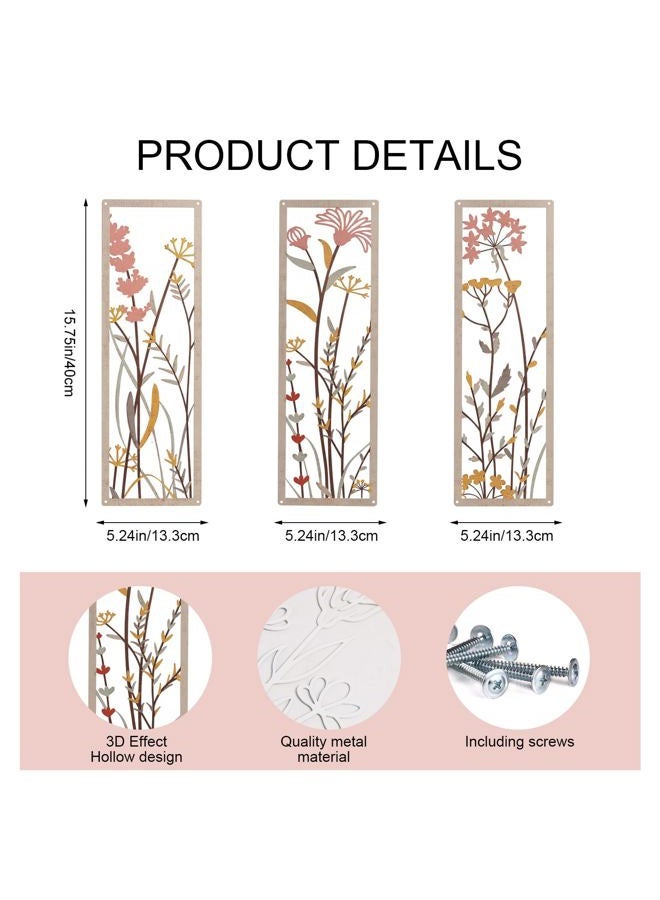 pechpell 3 Piece Metal Flower Wall Art, 15.7×5.2 Inch Pink Wrought Iron Floral Sculptures Decor, Minimalist Kitchen Bathroom Bedroom Office Farmhouse Decorations for Home - Image 2