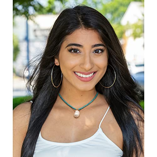 CANEVINKA Turquoise Gemstone Beaded Irregular Pearl Pendant Choker Boho Vintage Handmade Blue Turquoise Abacus Beads Choker Necklace for Women Adjustable 18K Gold Plated 15” - Image 2