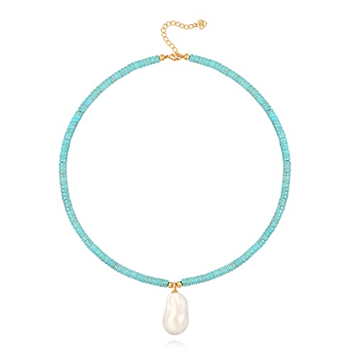 CANEVINKA Turquoise Gemstone Beaded Irregular Pearl Pendant Choker Boho Vintage Handmade Blue Turquoise Abacus Beads Choker Necklace for Women Adjustable 18K Gold Plated 15” - Image 1