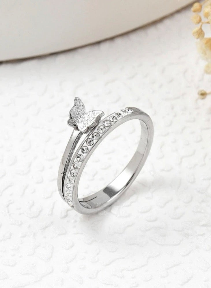 بلو لاين خاتم نسائي أنيق من الاستانلس ستيل مطلي باللون الفضي مقاس 8 - Image 1