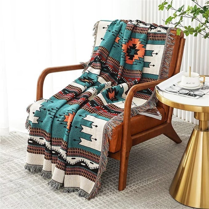 BOHO THROW BLANKETS SOUTHWESTERN BED THROWS COVER REVERSIBLE GREEN AZTEC SOUTHWEST BLANKET FOR COUCH CHAIR SOFA HOME OUTDOOR BEACH CAR TENT TRAVEL CAMPING 51X63