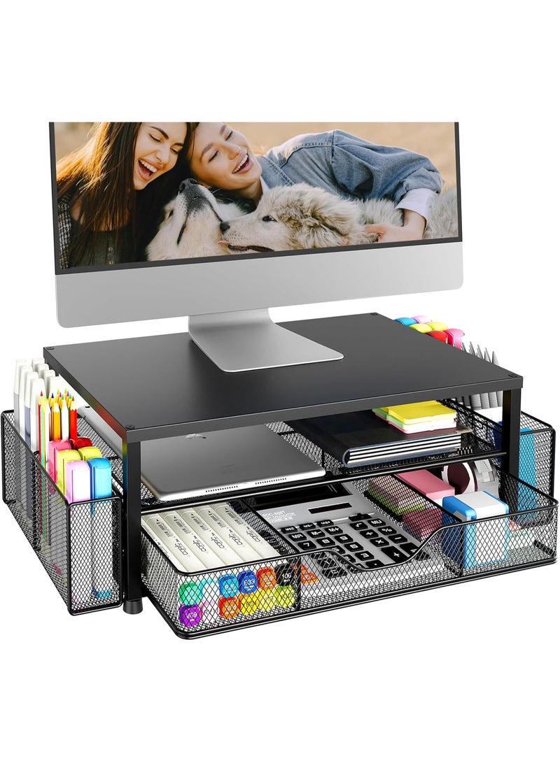 2-Tier Computer Monitor Stand Riser, Desk Organizer and Accessories with Drawer and 2 Pen Holders, Office Desk Accessories for Office Supplies - Image 1