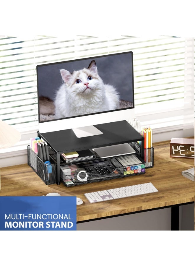 2-Tier Computer Monitor Stand Riser, Desk Organizer and Accessories with Drawer and 2 Pen Holders, Office Desk Accessories for Office Supplies - Image 5