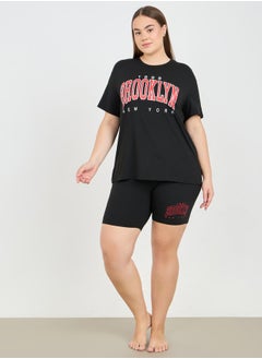 City Print Drop Shoulder T-Shirt & Cycle Shorts Lounge Set