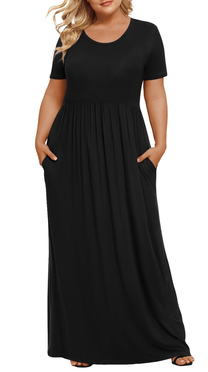 LONGYUAN Women's Plus Size Maxi Dresses for Curvy Women Summer Short Sleeve Casual 2026 Long Dress Black 5XL - Image 1
