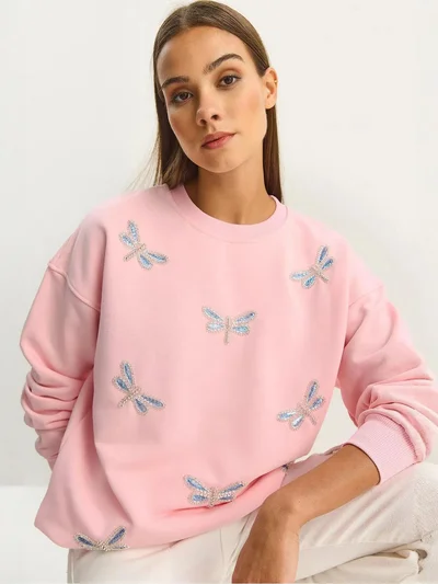 Bianco Lucci Dragonfly Embroidered Crew Neck Sweatshirt