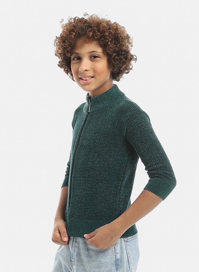 Andora Self Patterened Full Zipper Closure Velvet Sweater - Light Olive - Image 2