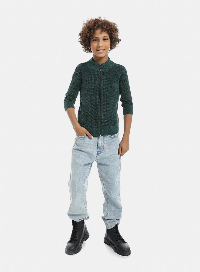 Andora Self Patterened Full Zipper Closure Velvet Sweater - Light Olive - Image 5