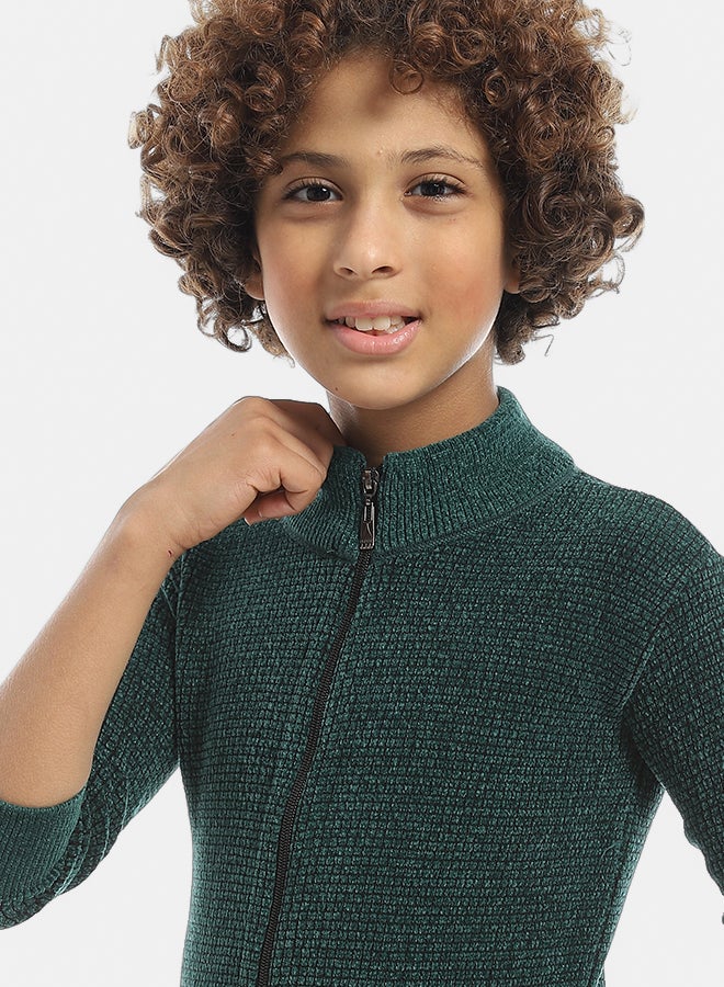 Andora Self Patterened Full Zipper Closure Velvet Sweater - Light Olive - Image 4