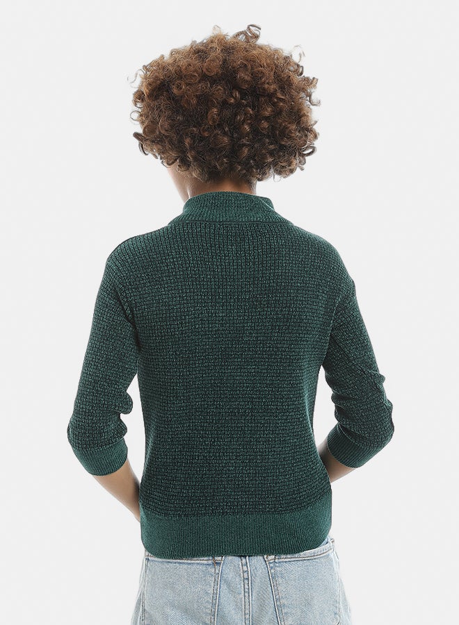 Andora Self Patterened Full Zipper Closure Velvet Sweater - Light Olive - Image 3