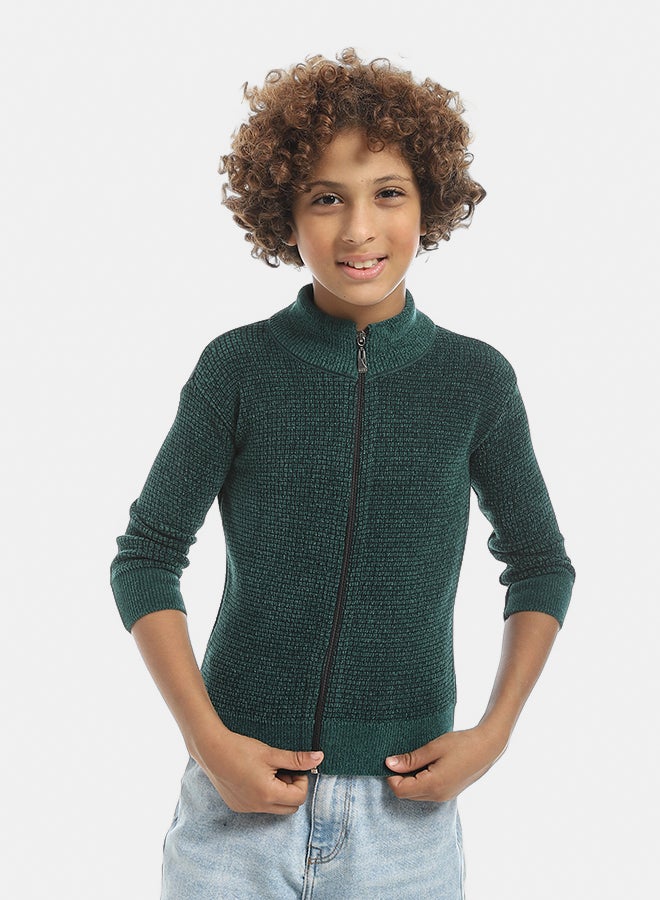 Andora Self Patterened Full Zipper Closure Velvet Sweater - Light Olive - Image 1