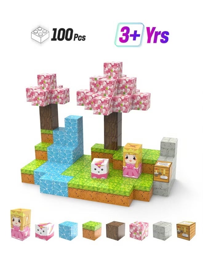 100 Pieces Magnetic Building Blocks - Build Mine Magnet World Magic Set, Building STEM Sensory Toddler Toys for 3+ Year Old Boys & Girls （Sakura Princess and Magma Knight） - Image 1