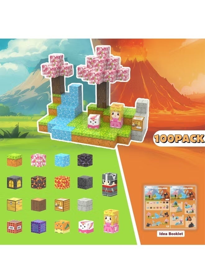 100 Pieces Magnetic Building Blocks - Build Mine Magnet World Magic Set, Building STEM Sensory Toddler Toys for 3+ Year Old Boys & Girls （Sakura Princess and Magma Knight） - Image 3