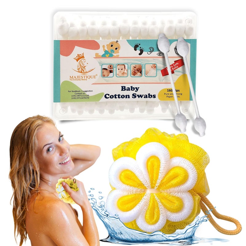 Majestique Baby Safety Cotton Swabs, 100% Cotton & Paper Organic Soft Gentle Tip for Cleaning 160 Tips | Body Exfoliating Shower Loofah Sponge for Adults - Multicolor (Pack of 2) - Image 1