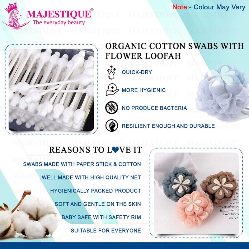 Majestique Baby Safety Cotton Swabs, 100% Cotton & Paper Organic Soft Gentle Tip for Cleaning 160 Tips | Body Exfoliating Shower Loofah Sponge for Adults - Multicolor (Pack of 2) - Image 4