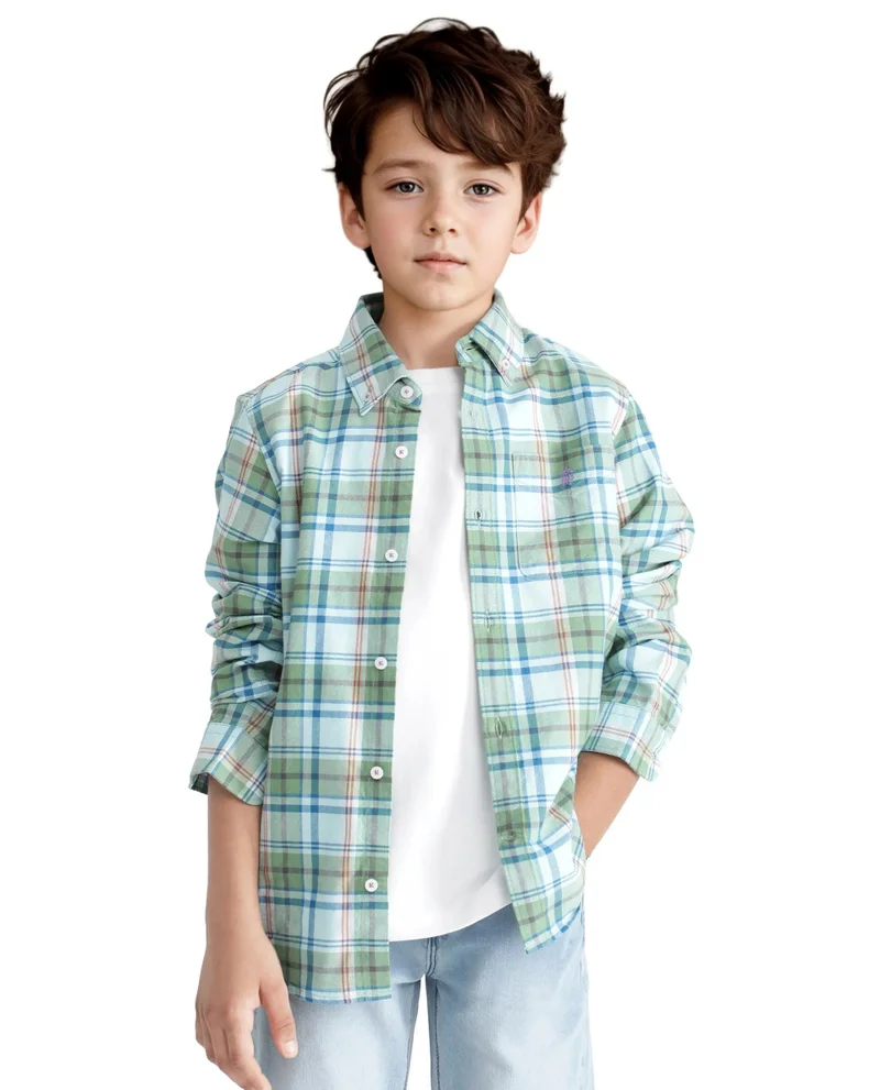رير ونز Rare Ones Kids Nes Green Cotton Full Sleeves Button Down Regular Fit Checked Shirt