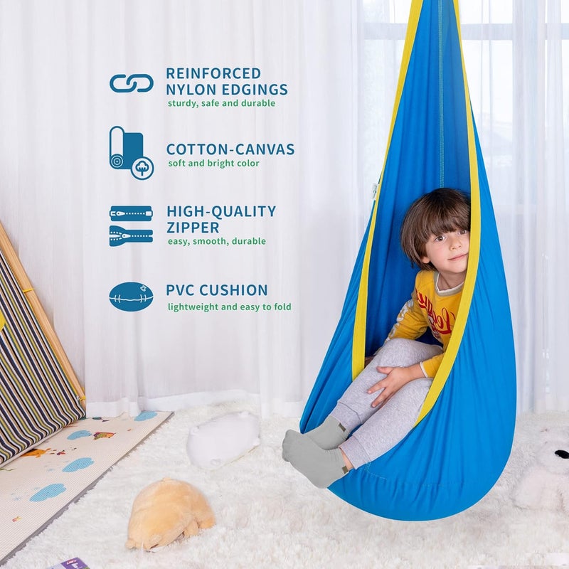 OUTREE Kids Pod Hanging Swing Seat Hammock,100% Cotton Child Swing Hammock Chair for Indoor and Outdoor use,Blue and Yellow - Image 3