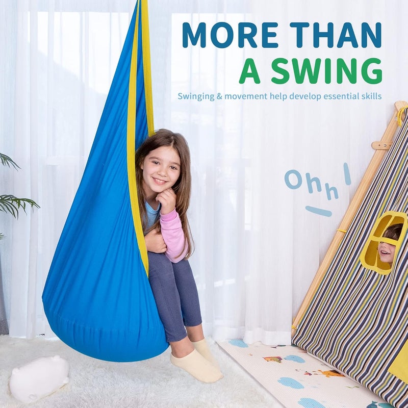 OUTREE Kids Pod Hanging Swing Seat Hammock,100% Cotton Child Swing Hammock Chair for Indoor and Outdoor use,Blue and Yellow - Image 5