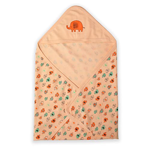 Luv Lap LuvLap Cotton Hooded Wrapper - Baby Towel for New Born | Big Size 75cm x 75cm | Soft, Safe & Skin-Friendly | for Newborns 0-12 Months | Lightweight & Travel Friendly, Elephant Print - Orange, 1 Count - Image 1