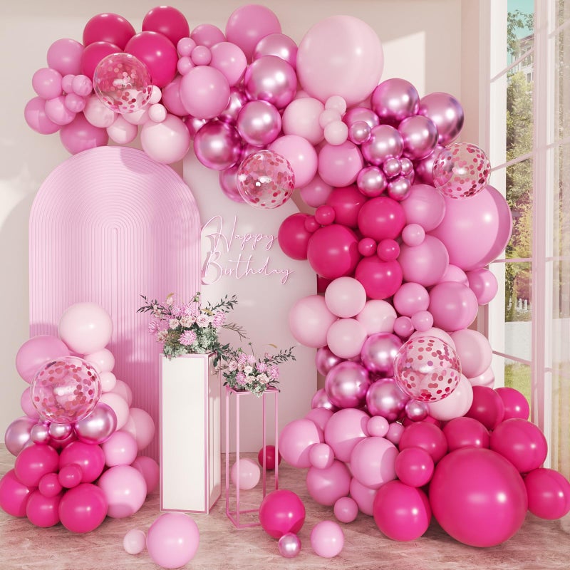PEASUG Pink Balloon Arch Kit, 168 Pcs Hot Pink Balloon Garland, 18 12 10 Inch Confetti Latex Metallic Balloons for Birthday Princess Wedding Baby Shower Party Decorations - Image 1