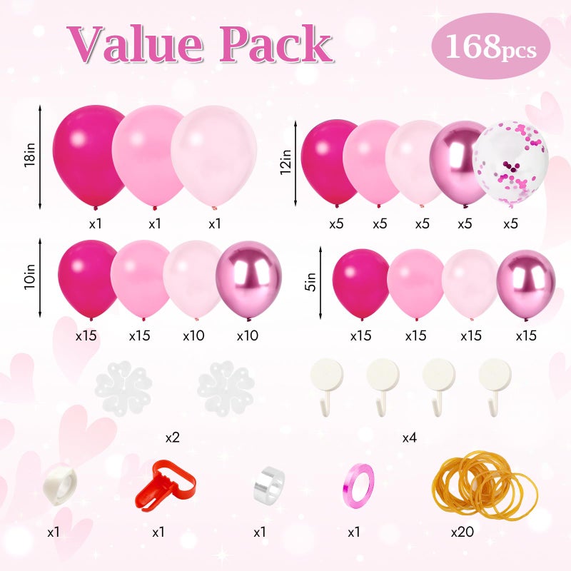 PEASUG Pink Balloon Arch Kit, 168 Pcs Hot Pink Balloon Garland, 18 12 10 Inch Confetti Latex Metallic Balloons for Birthday Princess Wedding Baby Shower Party Decorations - Image 2