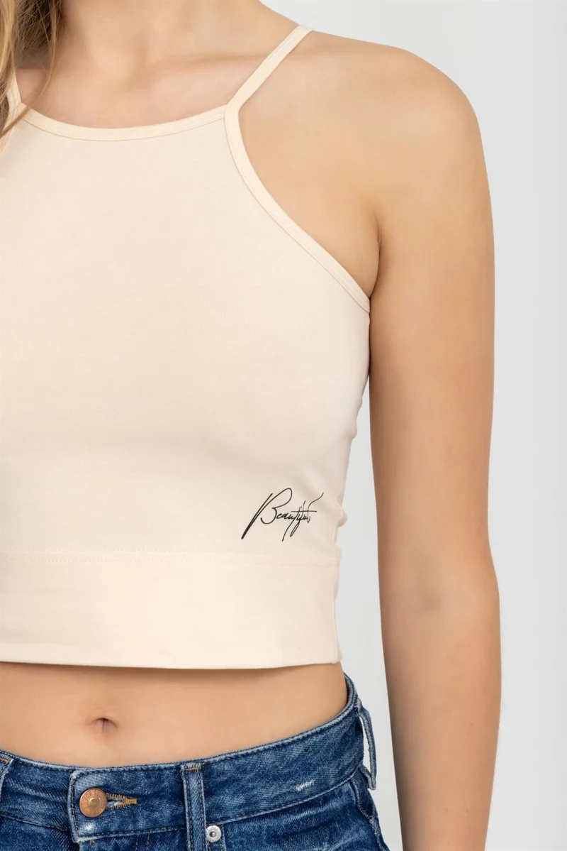 Baykar Women's Halter Neck Thin Strap Crop Blouse Cream