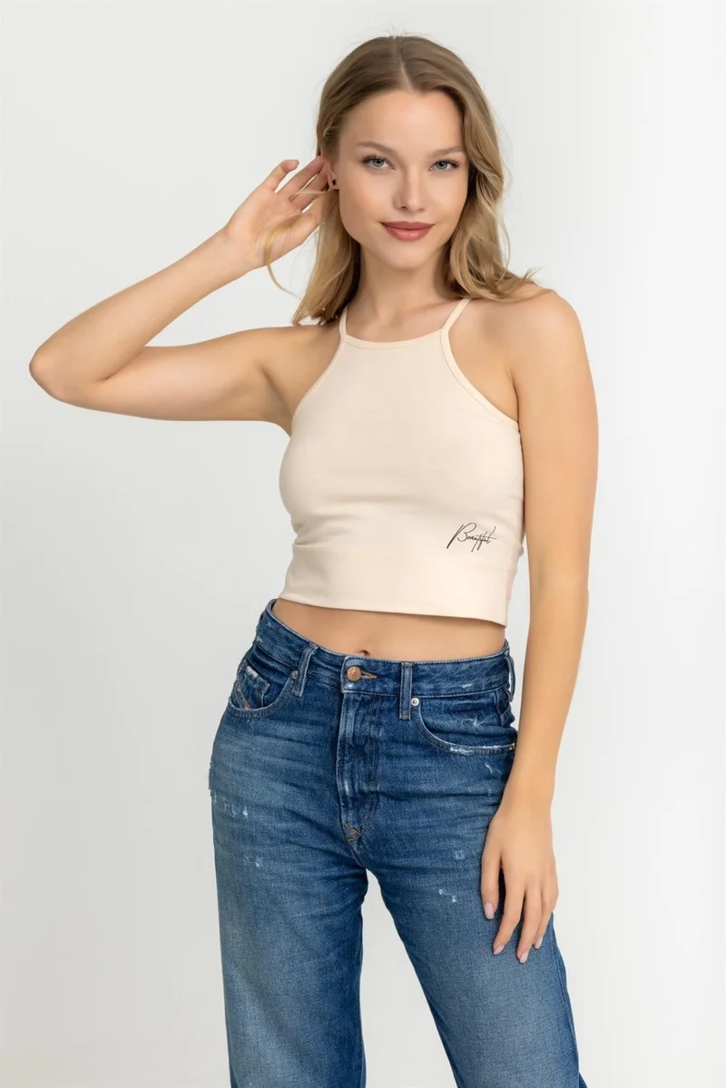 Baykar Women's Halter Neck Thin Strap Crop Blouse Cream