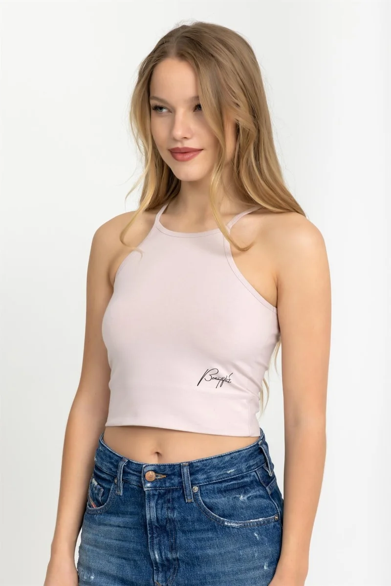 Baykar Women's Halter Neck Thin Strap Crop Blouse Cream