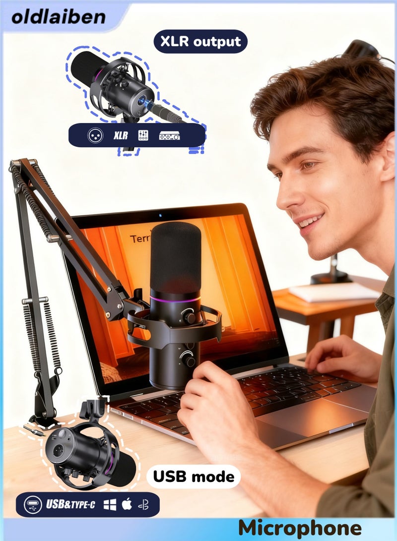 oldlaiben Dynamic Microphone,XLR/USB Dynamic Microphone,Streaming Mic with RGB Light,Gaming Microphone Kit,Mute Button,with Boom Arm Stand,Computer RGB Mic Kit,for Podcast Recording, PC Computer Gaming,Podcast Recording - Image 1