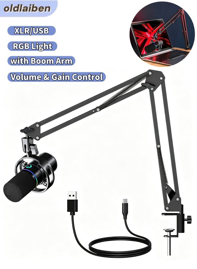 oldlaiben Gaming XLR/USB Microphone, Dynamic Microphone with Boom Arm, RGB Podcast Mic Podcast Microphone with One-Touch Mute,Volume Control,Gain Control & Headphone Jack USB PC Mic Computer RGB, Compatible with PS4/5/PC, for Streaming, Recording, Vocal - Image 1